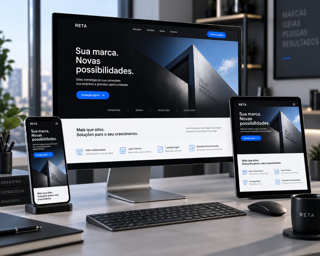 Site da Reta em desktop, tablet e celular
